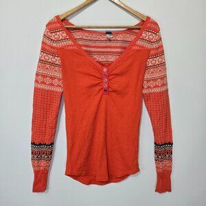 We The Free People Thermal Fair Isle Henley Top Sz M Fitted V-Neck Boho Festival